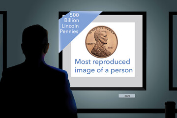 A photo of Abraham Lincoln taken in 1864 is the most reproduced image of a person in the world according to sources. It is seen in an art gallery setting in a 3-d illustration.