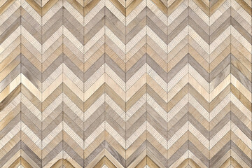 Wooden chevron pattern flooring design in various shades of beige and gray. Stylish geometric design with a natural. warm aesthetic for residential or commercial spaces.