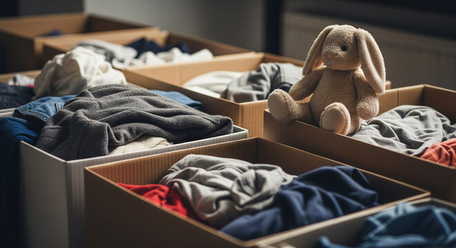 Cartons de dons remplis de v&ecirc;tements et d'un lapin en peluche - Concept d'aide humanitaire et de solidarity.