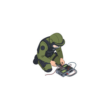 Bomb disposal technician in heavy protective suit operating portable console.