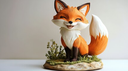 Whimsical Fox Figurine: Happy Sculpture on Grassy Base