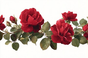 Contemporary style with rectangular garland of red roses with green rose leaves as a drawing on a white background