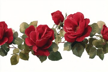 Contemporary style with rectangular garland of red roses with green rose leaves as a drawing on a white background
