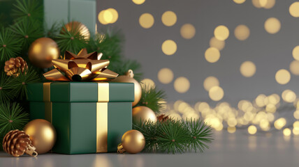 Green gift box with gold ribbon and star decoration surrounded by pine branches and golden ornaments on a blurred background with bokeh lights
