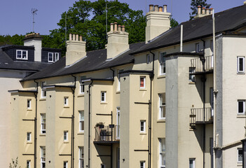 Exterior view of Nevill Terrace, Tunbridge Wells, Kent, Residential architecture of apartment building in Royal Tunbridge Wells, use it as your Wallpaper, Poster and Copy space, Selective focus.