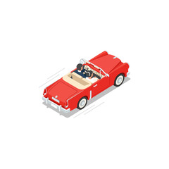 Isometric red convertible classic car illustration perspective.
