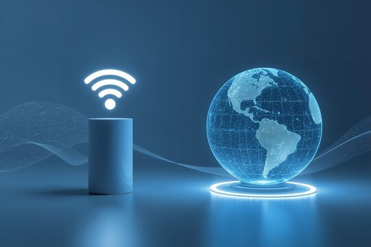 A glowing blue globe with a Wi-Fi symbol on a cylinder in a dark blue background - Powered by Adobe