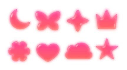 Glossy pink jelly shapes PNG set with hearts, stars, cloud, crown and abstract icons. Cute translucent bubble style elements isolated on transparent background for UI, stickers, app design and social 