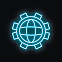 Obraz premium Neon blue icon of a globe surrounded by a mechanical gear representing global industry on a black background