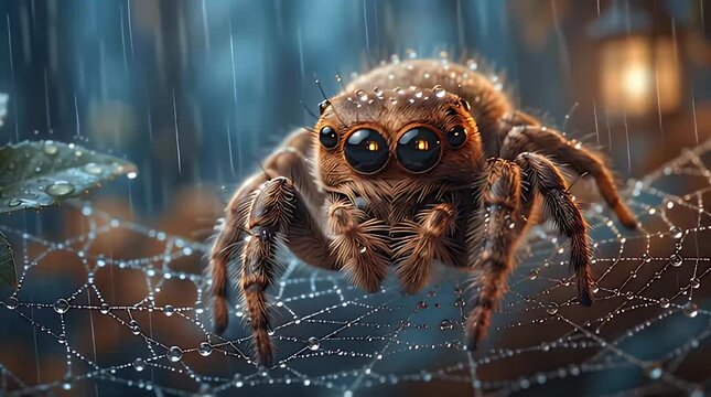 A cartoon spider delicately positioned on its intricate web in a rainy cityscape environment viewed from a close-up perspective