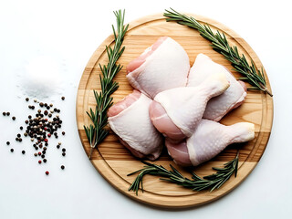 Fresh chicken drumsticks on wooden board with rosemary and pepper