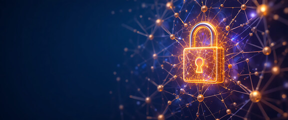Cyber security theme networking glowing 4d glass lock in blue, red and golden colors gradient theme, binaries platform background, minimalist and clean, copy space in the left,