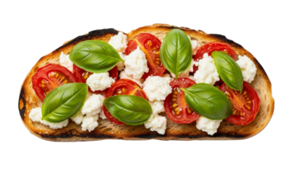 Toast with feta cheese, roasted cherry tomatoes, and basil isolated on transparent background