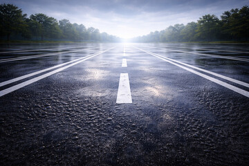 Quiet Parking Lot After Rain with Wet Asphalt and Copy Space