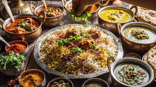 Assortment of cooked dishes on table culinary presentation