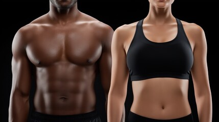 Fototapeta premium Strong Couple Silhouettes Highlighting Torso Muscles with Fitness Focus, Female and Male Against a Dark Background in a Powerful Display of Strength