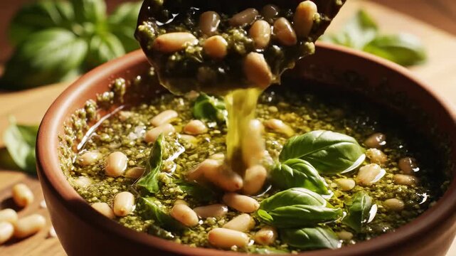 Close up of fresh basil pesto in ceramic bowl with pine nuts and wooden spoon