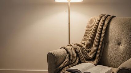 Cozy armchair with warm blanket and open book beside floor lamp  