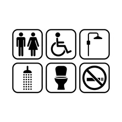 Public restroom signage displaying various facilities and accessibility information