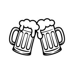 Two mugs of frothy beer clinking together in a black and white illustration