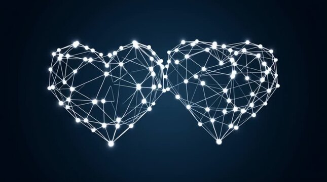 The concept of Valentine's Day. Floating two neon white hearts on a blue background. Dance of hearts.