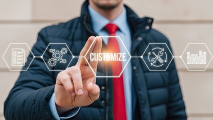 Businessman customizing digital interface with innovative technology solutions