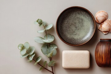 Everyday items arranged with bowl, soap, seashells, and greenery on neutral background