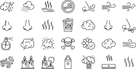 Smell and odor line icon set with aroma scent air pollution nose perfume smoke symbols flat vector © MdMojnu