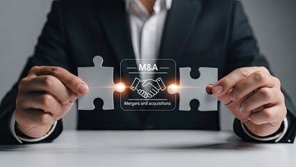 Businessman holding puzzle pieces with M&A merger and acquisition concept