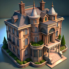 Obraz premium Ornate. multi-story mansion with landscaping in a residential setting. Architectural design. exterior view. a historical residence.