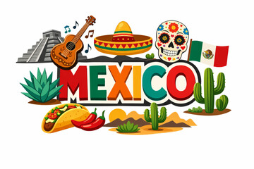 Mexico culture vector illustration with Aztec pyramid mariachi cuisine and traditional symbols
