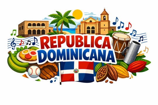 Republica Dominicana culture vector illustration with colonial architecture music cuisine beach and national symbols
