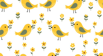 Naklejka premium A cheerful seamless pattern featuring cute yellow birds holding small sunflowers and scattered blossoms on white.