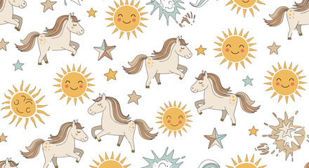 Fototapeta premium A whimsical seamless pattern featuring cute cartoon horses with happy suns and scattered stars on a white background.
