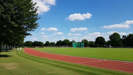 A beautiful sunny day at a modern outdoor running track and field stadium with green grass and trees