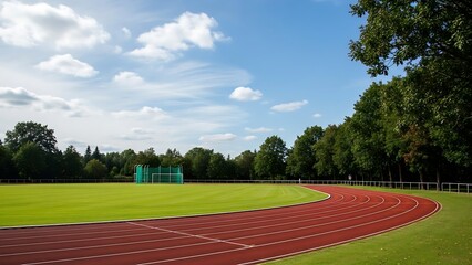 Vibrant outdoor running track and green athletic field under a clear sky, perfect for sports training and healthy lifestyle activities