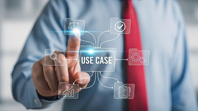 Businessman interacting with digital use case interface - Powered by Adobe