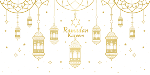 Gold Ramadan Kareem lanterns and stars on white background isolated on a transparent background