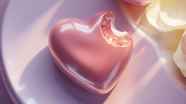 Gourmet pink heart shaped glazed pastry with a bite taken out on a pastel plate