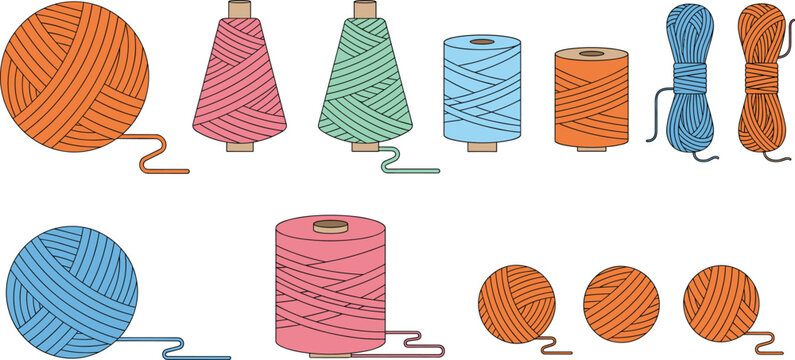 Colorful sewing thread spools and yarn balls collection for knitting embroidery tailor needlework craft and textile workshop hobby flat vector illustration design.