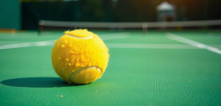 A fuzzy yellow ball rests on a vibrant green tennis court surface,  surface,  outdoor