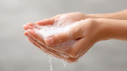 Fototapeta premium Close-Up of Hands Under Running Water with Soap Foam, Highlighting the Importance of Hygiene and Cleanliness in Daily Life and Personal Care