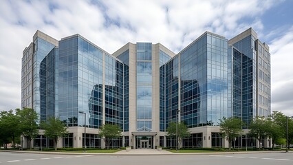Symmetrical Modern Office Reflects Sky and Trees