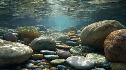 Underwater scene showing colorful stones and pebbles resting on the riverbed in bright sunlight