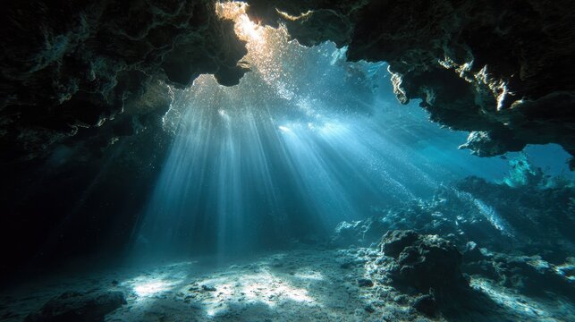 Light beams enter underwater cave creating a view of rock formations and sandy floor in the ocean