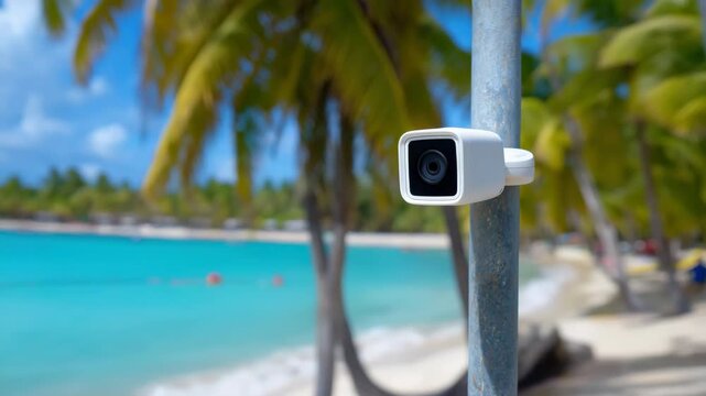 Steady beachfront security camera overlooks serene tropical paradise