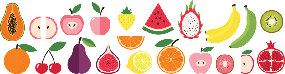 Colorful collection of tropical and summer fruit icons including watermelon banana orange dragonfruit papaya apple and kiwi for healthy food flat design.