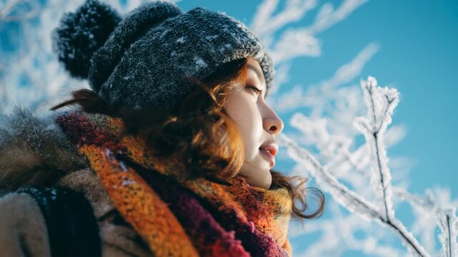 日本人女性が雪の中で微笑む