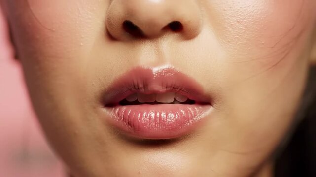 A close-up of a woman's lips and lower face with shiny, glossy lipstick