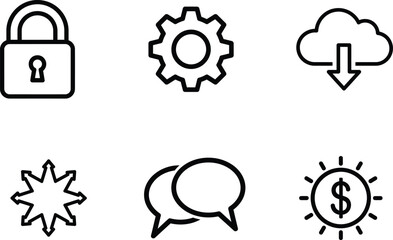Black and white line icons for business and technology concepts  security settings cloud storage communication finance